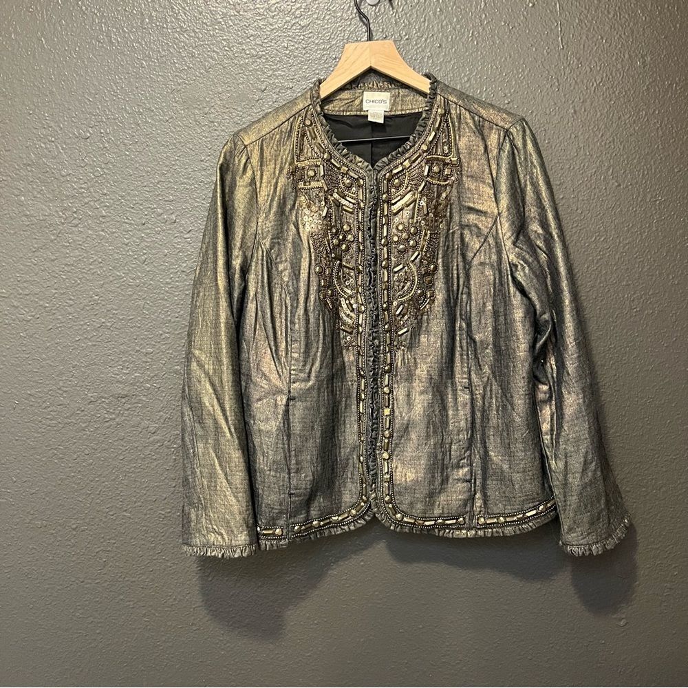 Chicos GOLDEN TRINKET ROYALTY JACKET BREADED  
INDIGO/BRONZE FOIL 2/Large